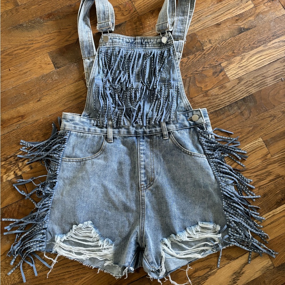 Stylish Fringe Denim Overall Shorts